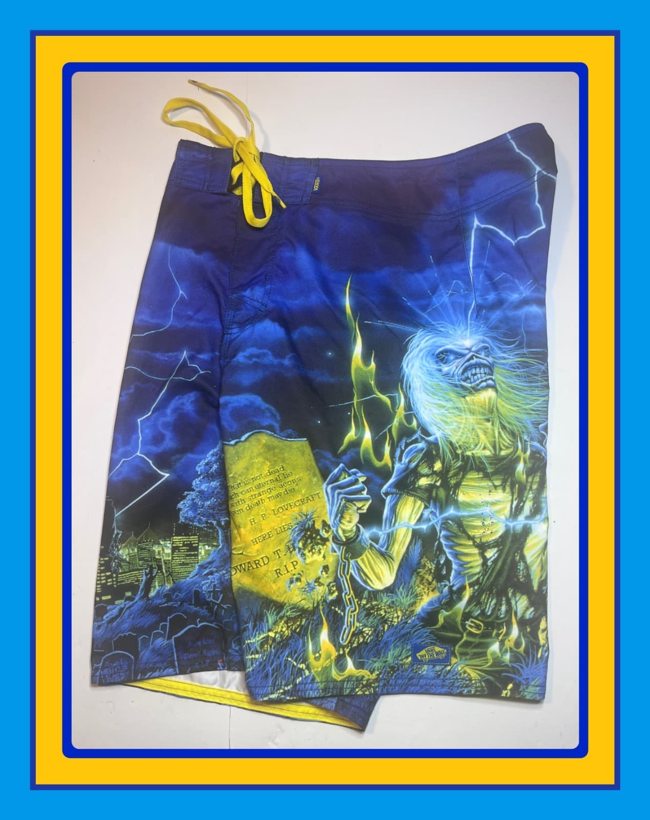 VTG IRON MAIDEN LIVE AFTER DEATH Vans Off The Wall Surf Board Shorts 32 +WaxTool