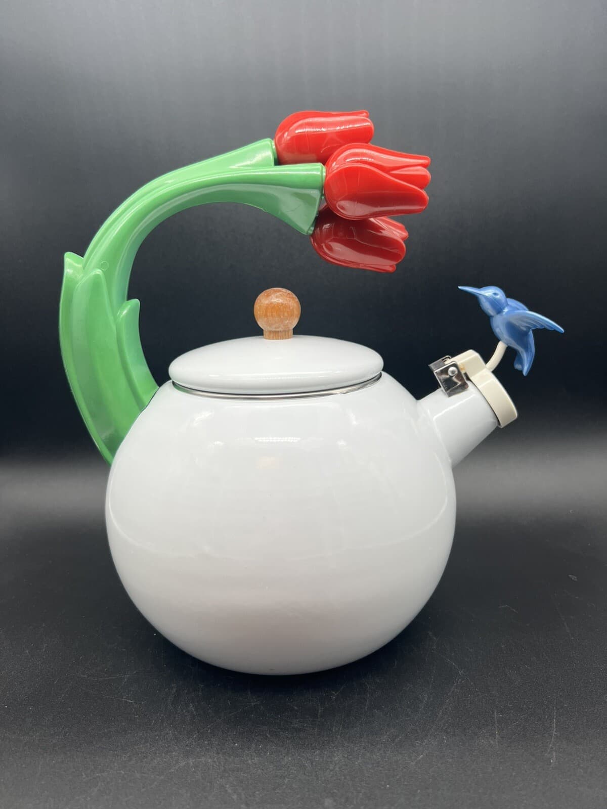 Enamel Metal Teapot Kettle With Tulips Handle And A Humming Bird.