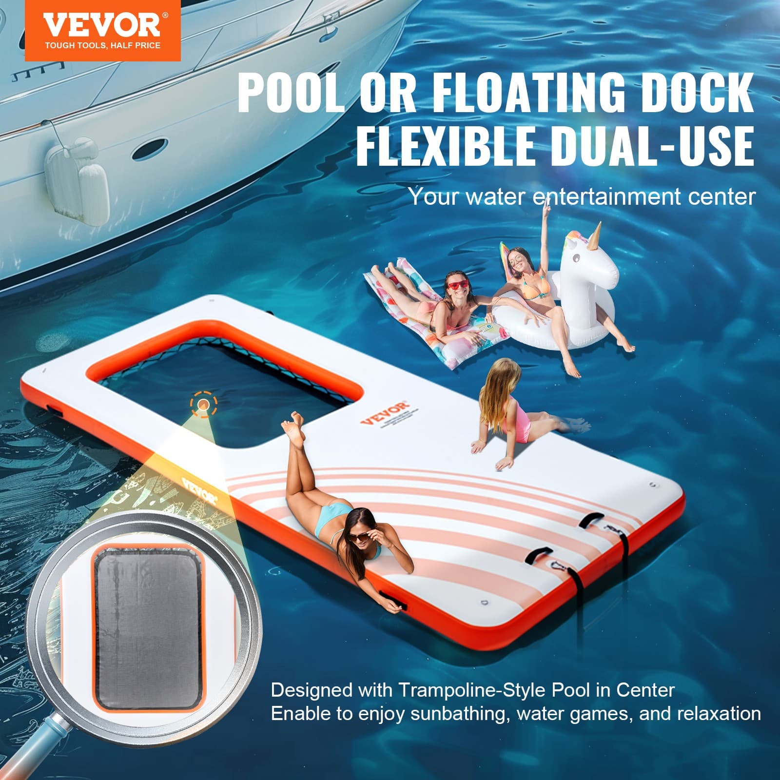 VEVOR Inflatable Floating Dock 15x6.5FT Water Dock Platform with 4*6FT Mesh Pool 2
