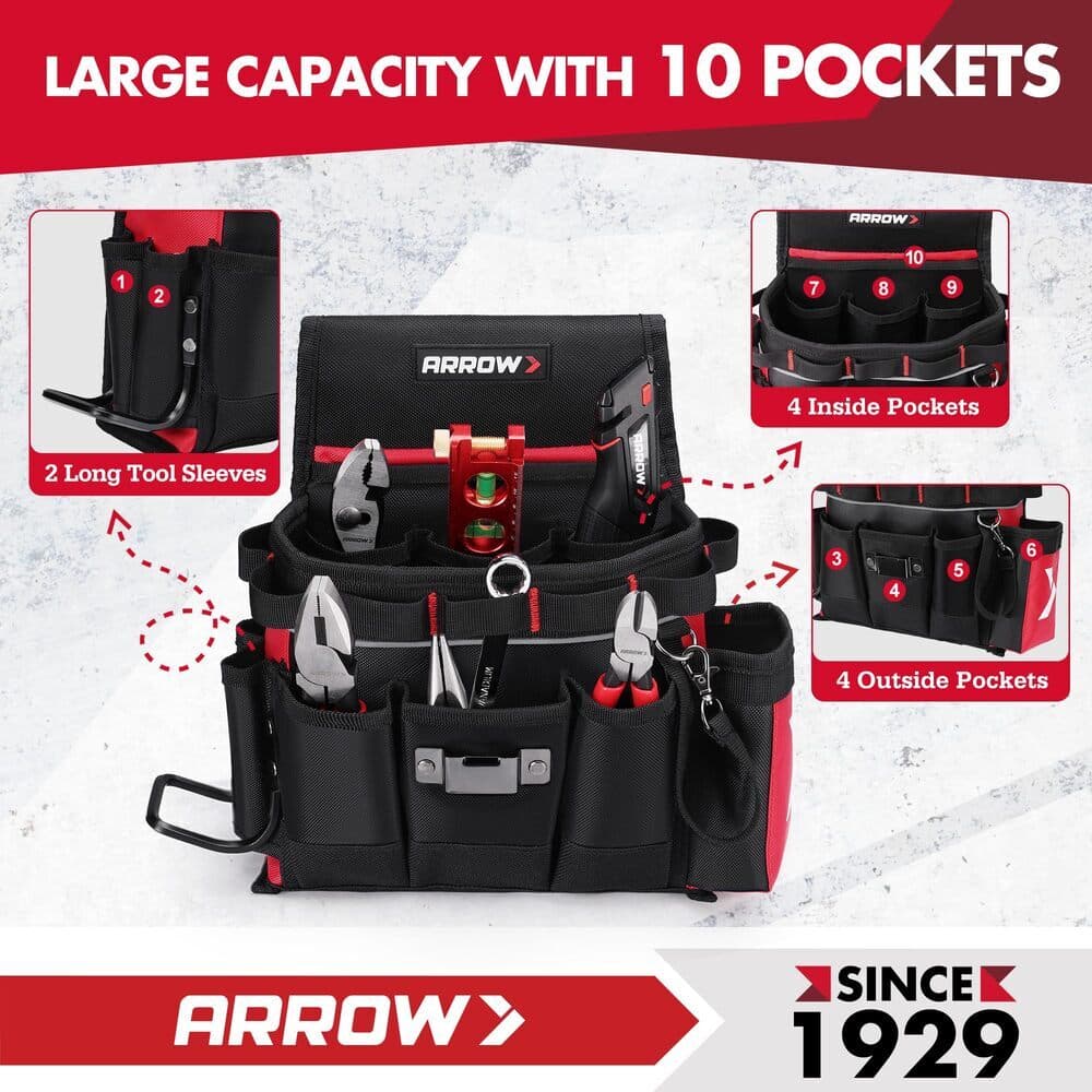 ARROW Heavy-Duty Adjustable Tool Belt Electrician Utility Tool Pouch w/10 Pocket 4