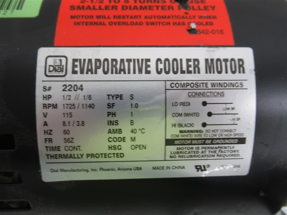 Dial 2204, 1/2 // 1/6 HP Evaporative Cooler Motor, 1725 / 1140 RPM 3
