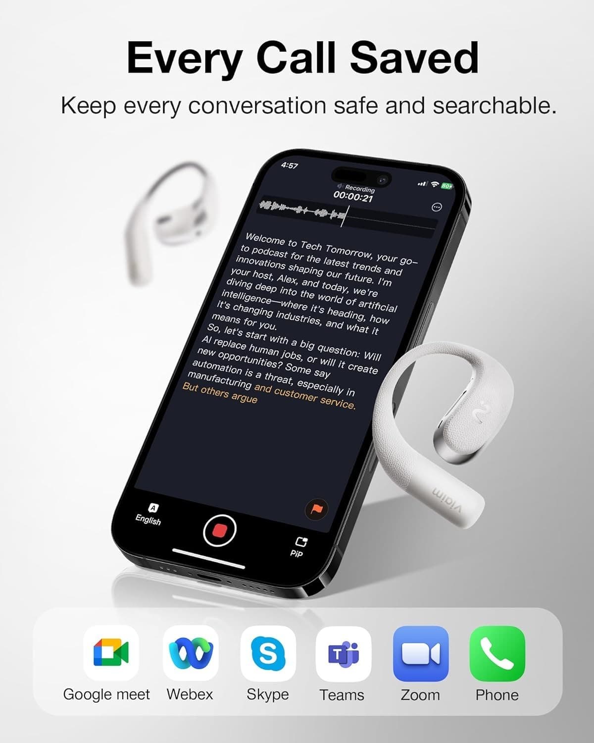 VIAIM OpenNote AI Recorder – Open Ear Earbuds with FlashRecord, Gray 4