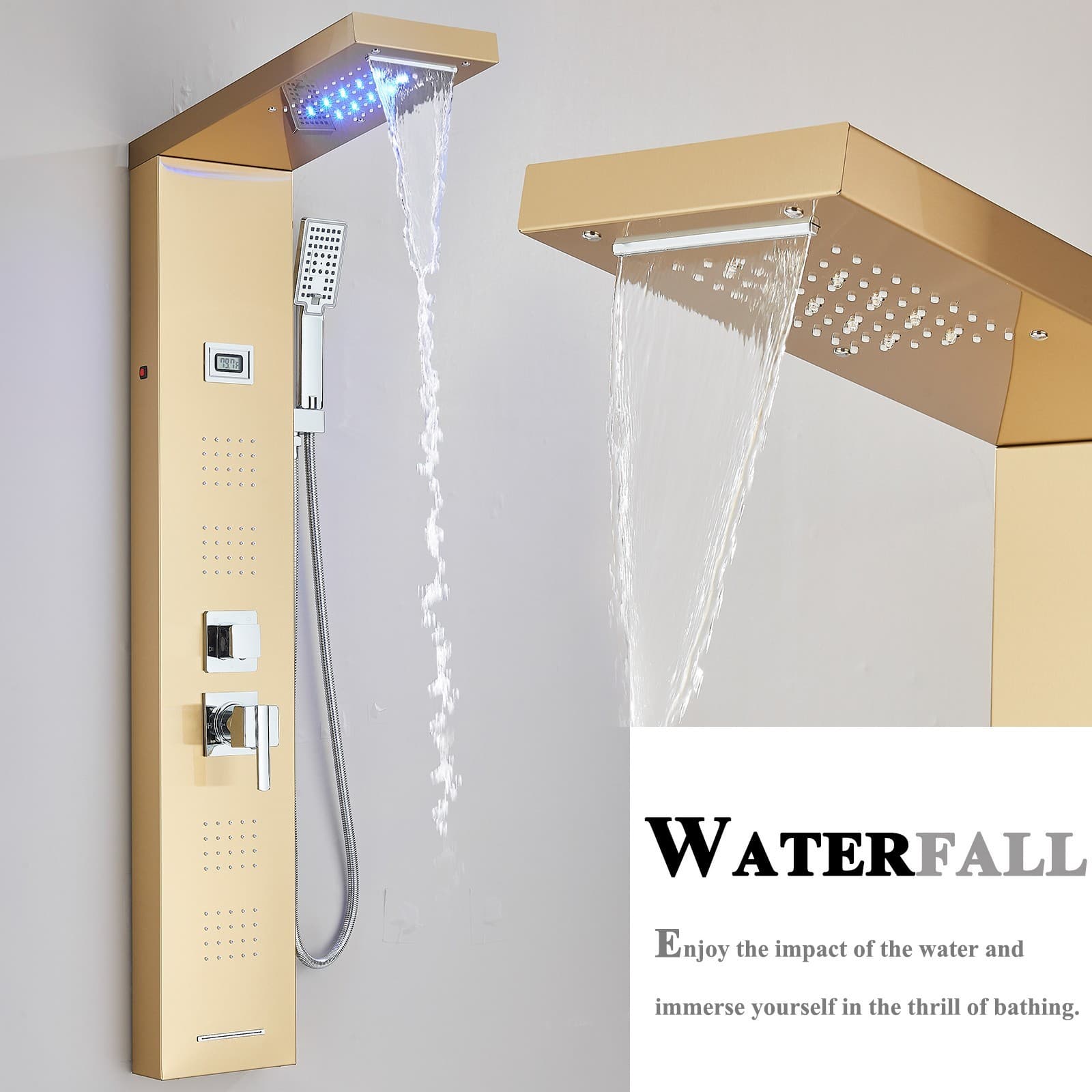 Stainless Steel Gold Shower Panel Tower System LED Rain Waterfall Massage Jets 4