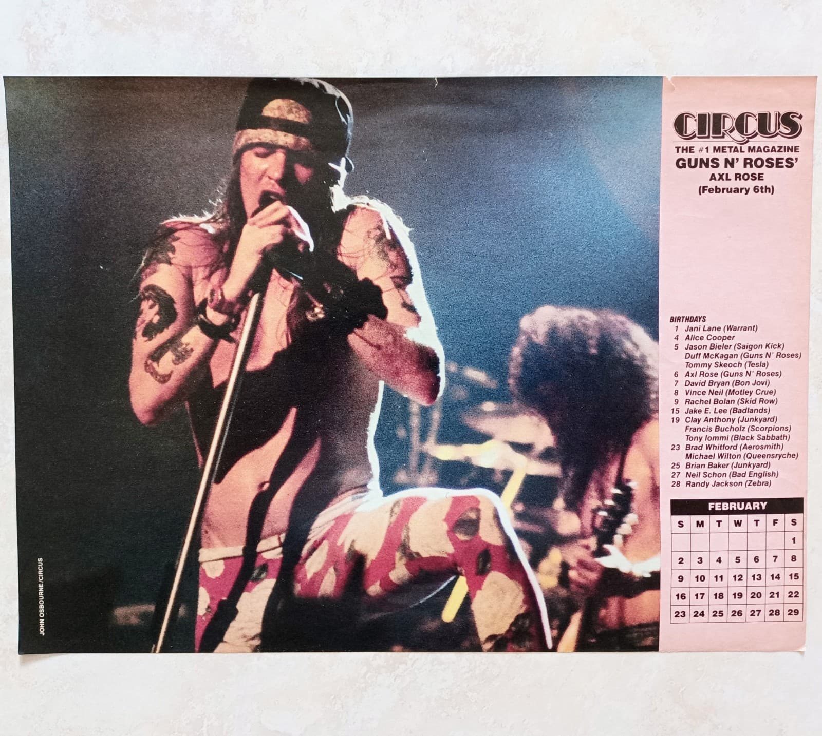 GUNS N ROSES~AXL ROSE LIVE~ORIG 1992 POSTER~FULL PAGE CALENDAR PINUP CLIPPING