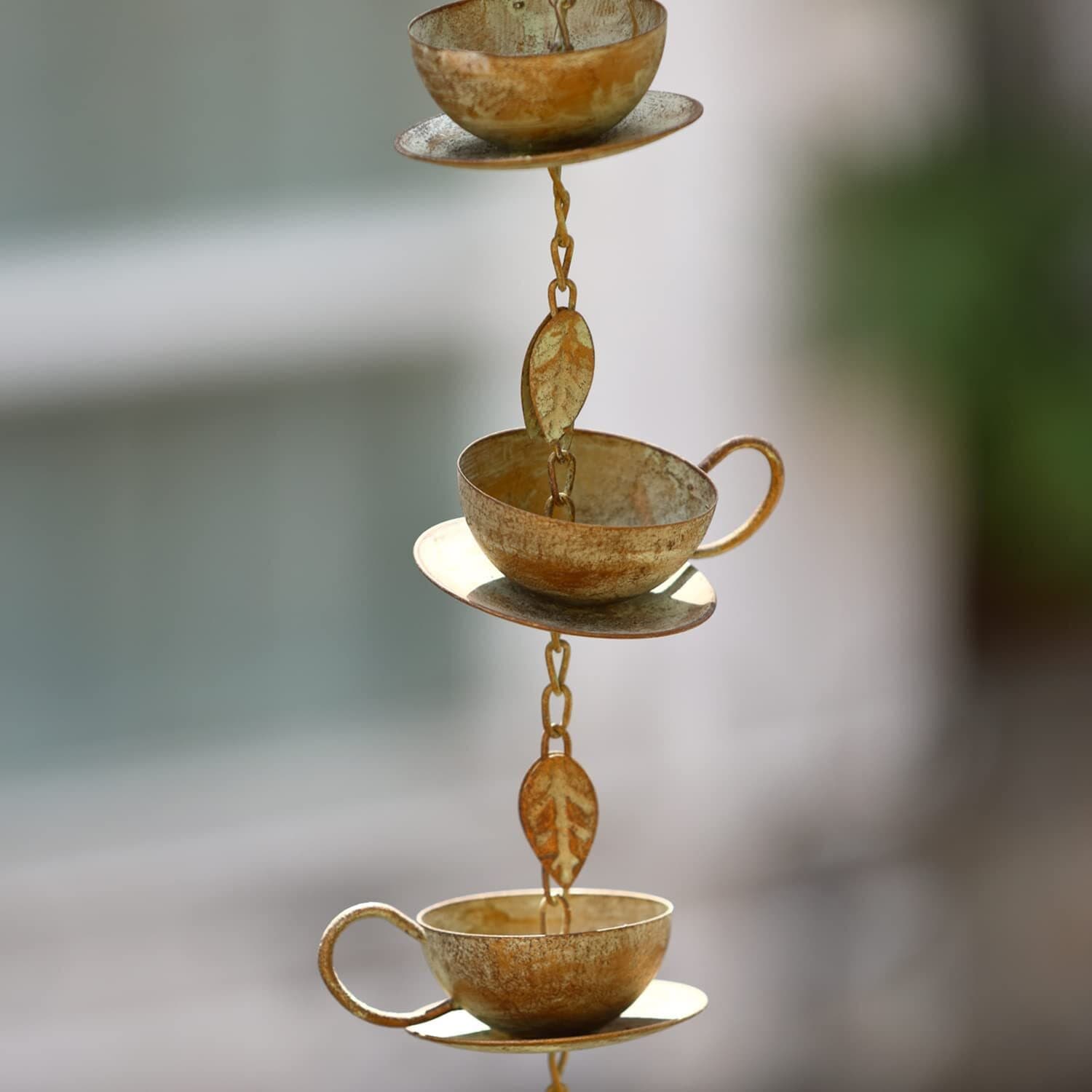 Teapot & Cups Rain Chain w/ Bell Chime Antique Patina Outdoor Garden Lawn Decor 3