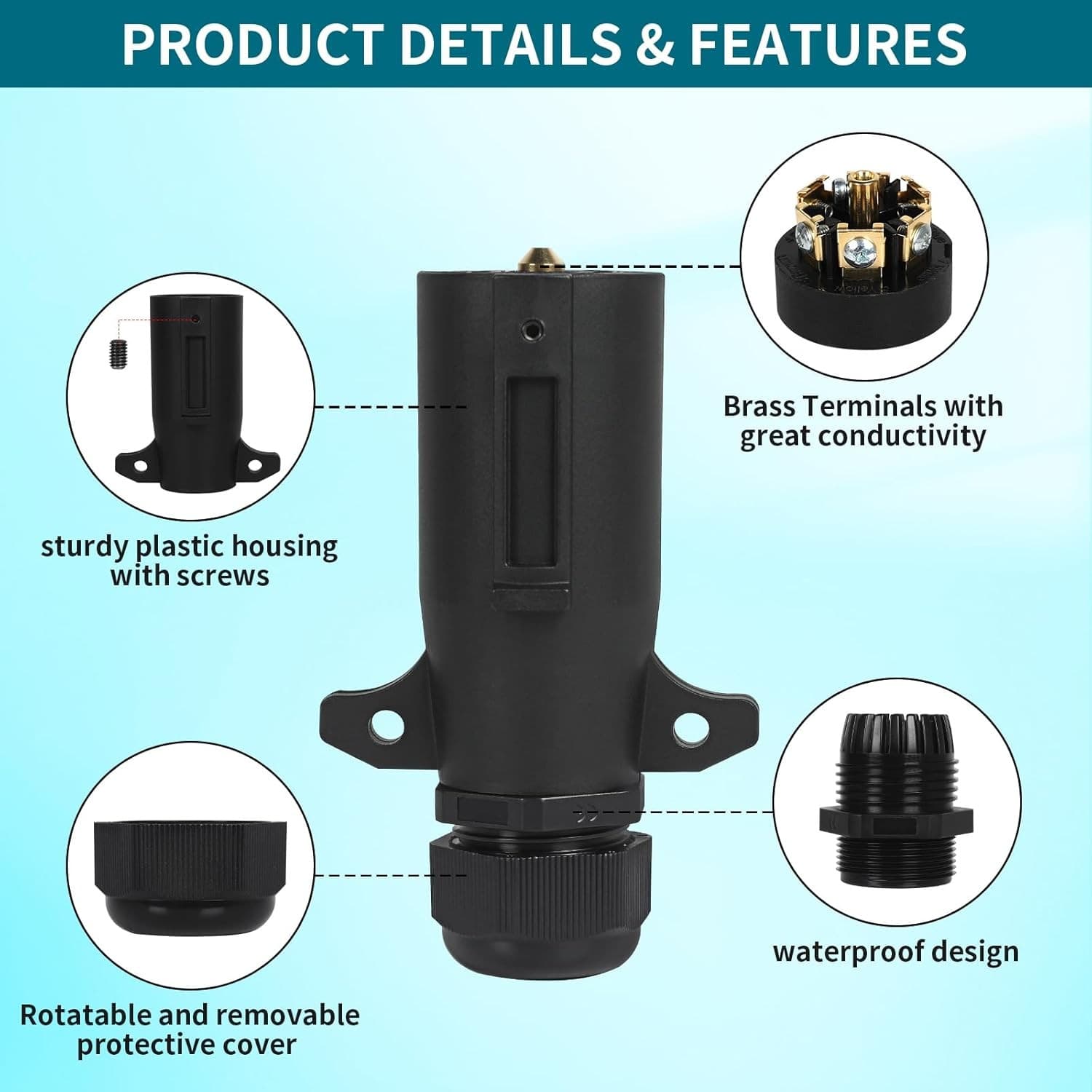 7 Pin Trailer Plug w/Waterproof Seal 7 Way Round RV-Style Trailer Side Connector 3