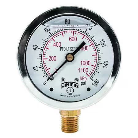 Winters Pfq805lf Lead-Free Pressure Gauge, 0 To 160 Psi, 2 1/2 In Dial, 1/4 In