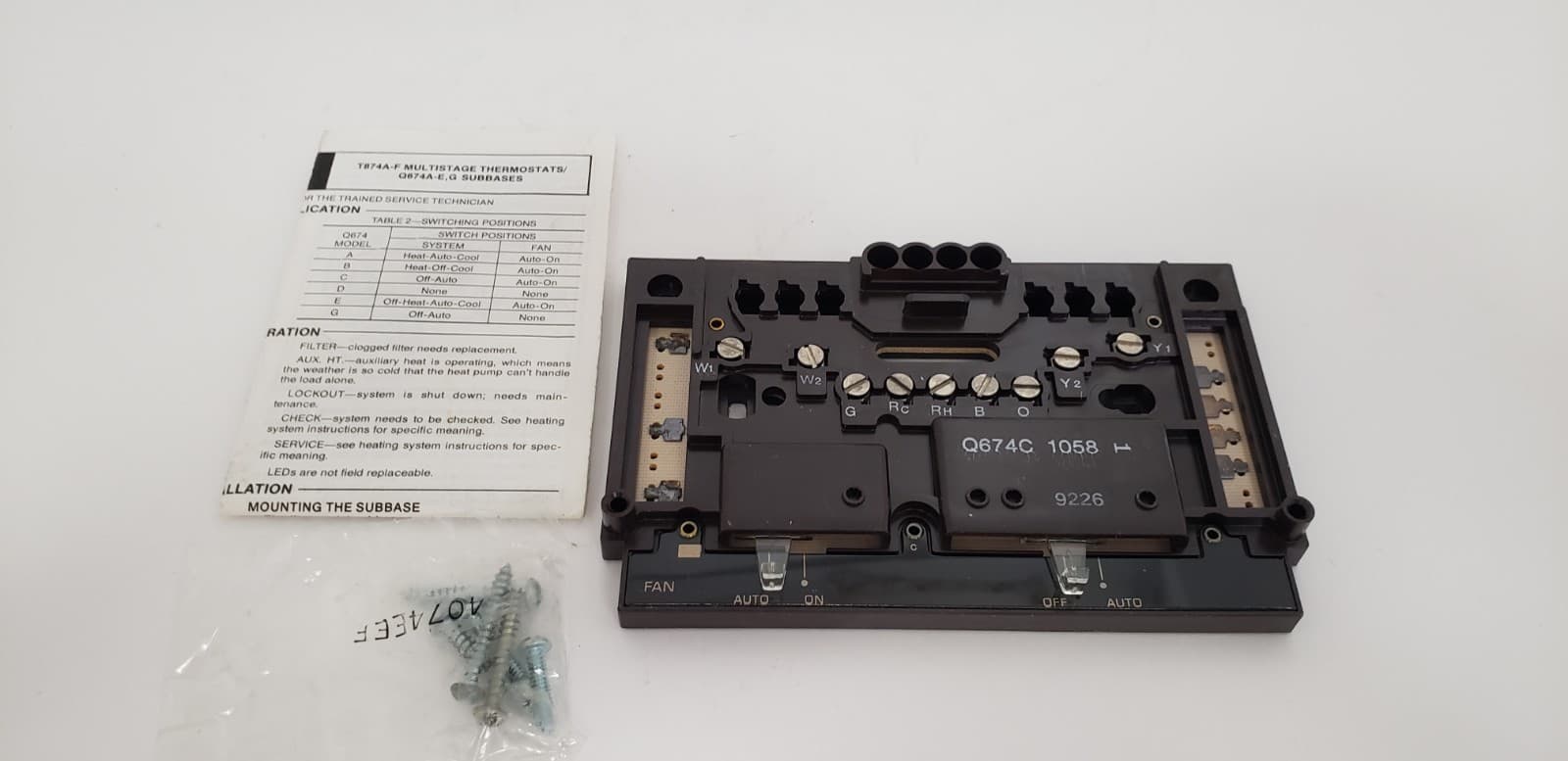 HONEYWELL Q674C 1058 MULTI-STAGE THERMOSTAT SUBBASE, OFF/AUTO FAN AUTO/ON, NNB