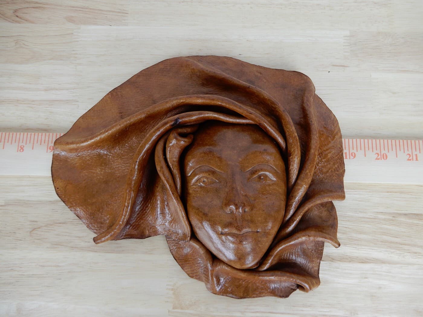 Vintage Leather Wall Mask Woman's Face Handcrafted Sculpture 3