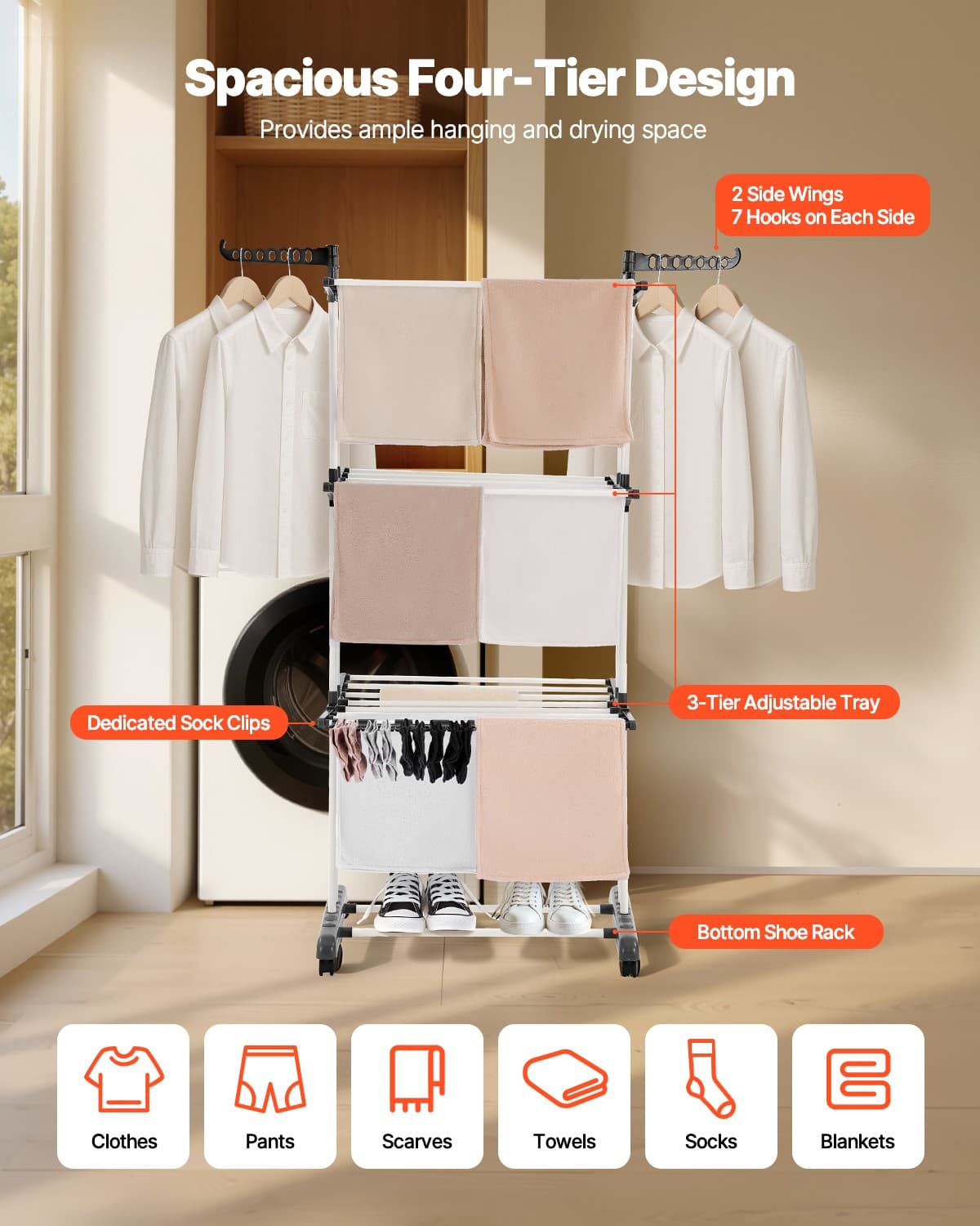 VEVOR 4-Tier Foldable Clothes Drying Rack with 24 Drying Poles and 4 Castors 2