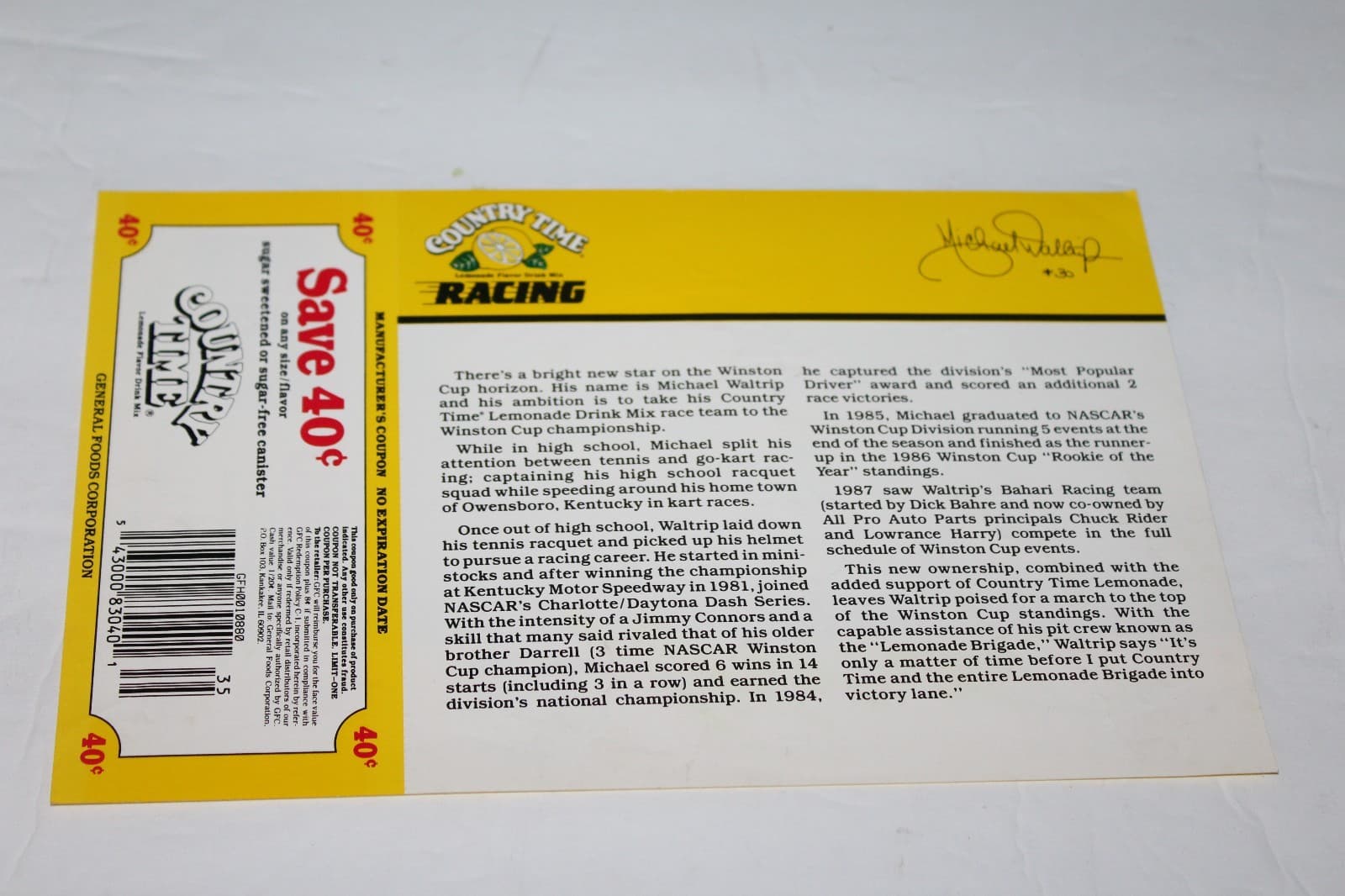 1980'S MICHAEL WALTRIP signed COUNTRY TIME RACE CAR PICTURE & COUPON 3