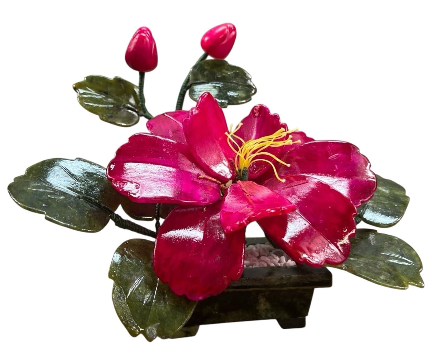 Vintage Japan Carved Stone Jade Bonsai Flowering Tree