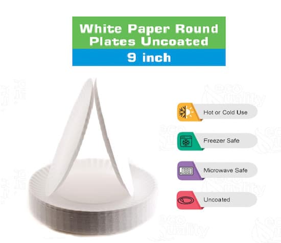 600 Pack White Uncoated Paper Plates Diameter Recyclable Microwave Safe 9" Inch 3