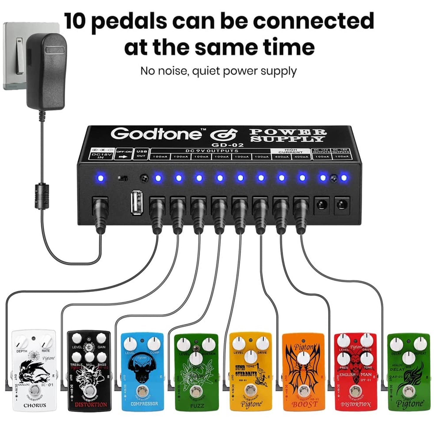 Guitar Pedal Power Supply 10 Isolated DC Output for 9V/12V/18V, 100mA 400mA E... 3