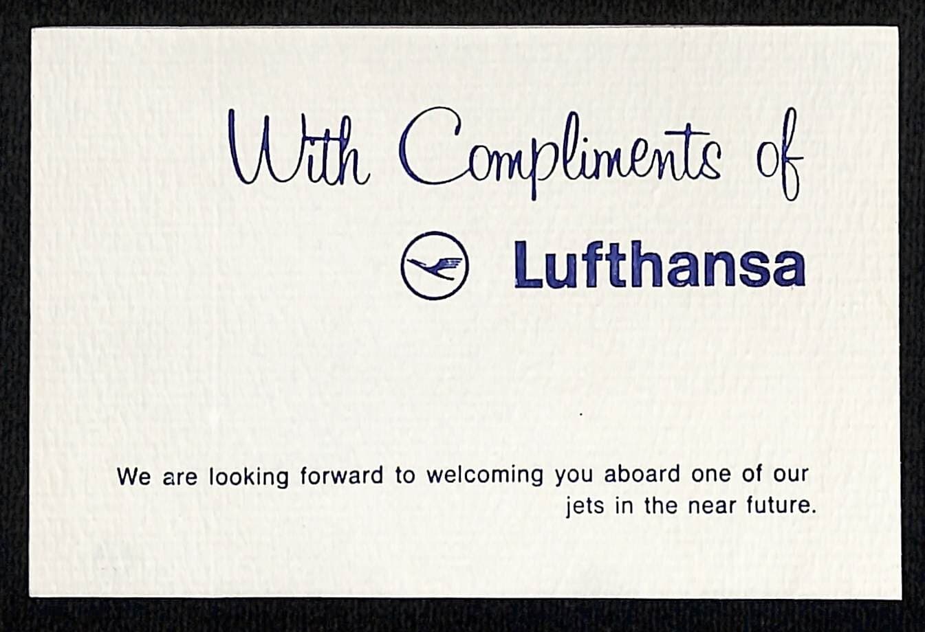 Lufthansa c1970 Folded "With Compliments of" Welcome / Greeting Card VGC