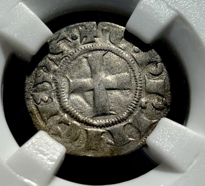 XF CRUSADERS ATHENS 1294-1308 AD, Rare GUY II De La Roche Silver Denier Coin