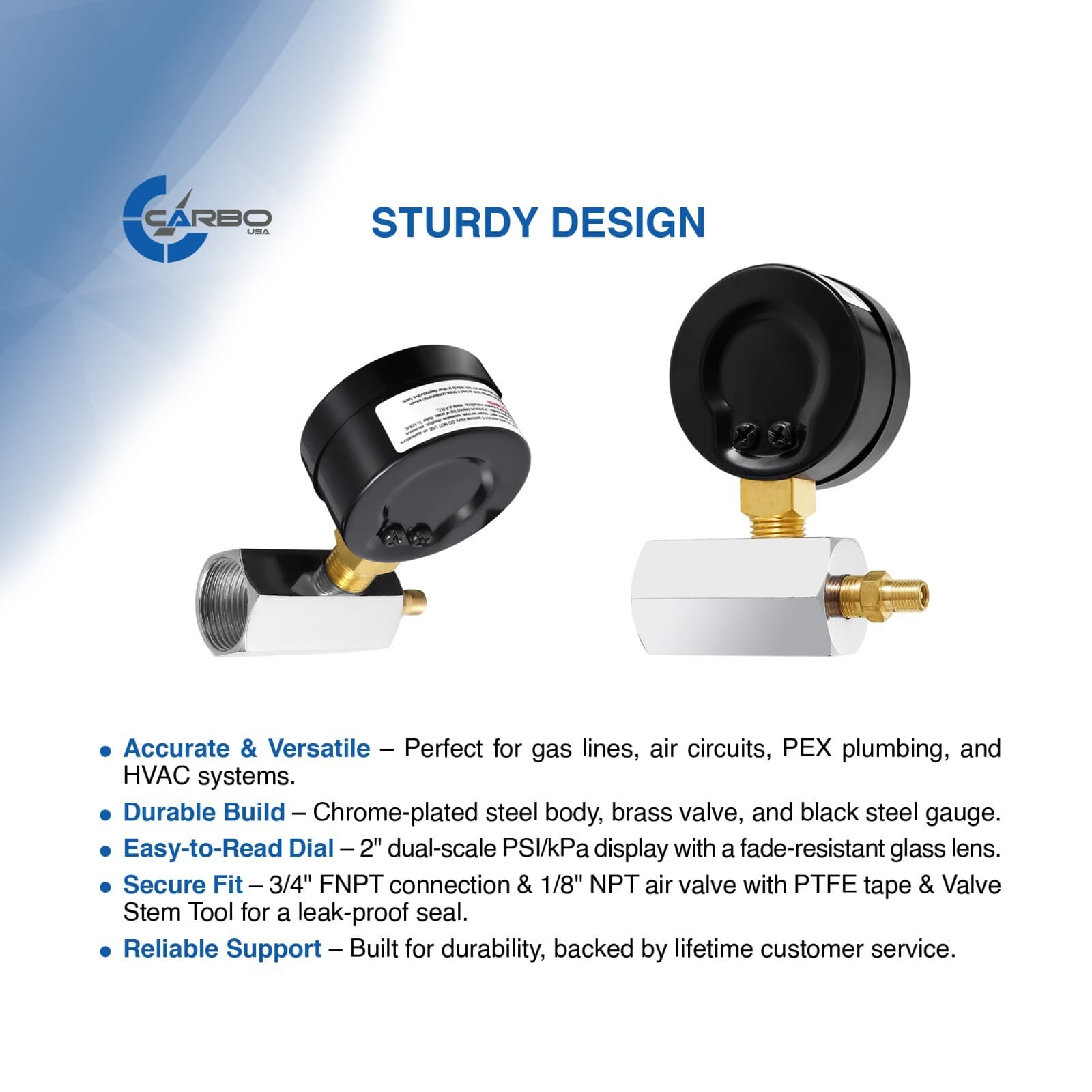 Gas Test Pressure Gauge 60 Pound, 60 PSI / 400kPa 3/4” FNPT Connection Assymbly 3