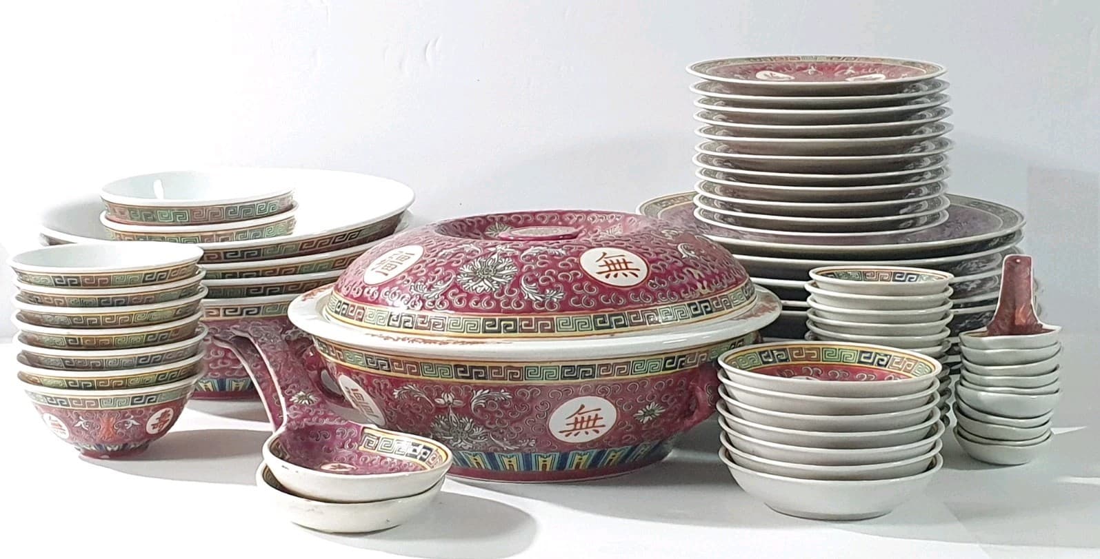 68 Pieces Chinese Mun Shou Porcelain Longevity Rose Pink dinnerware Lot