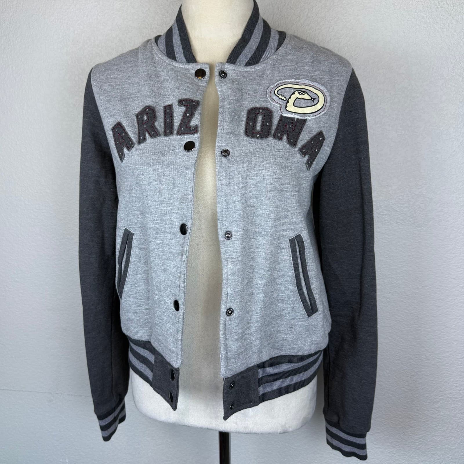 Arizona Diamondbacks MLB Women's Rhinestone Fan Fashion Jacket Varsity Gray Sm 2