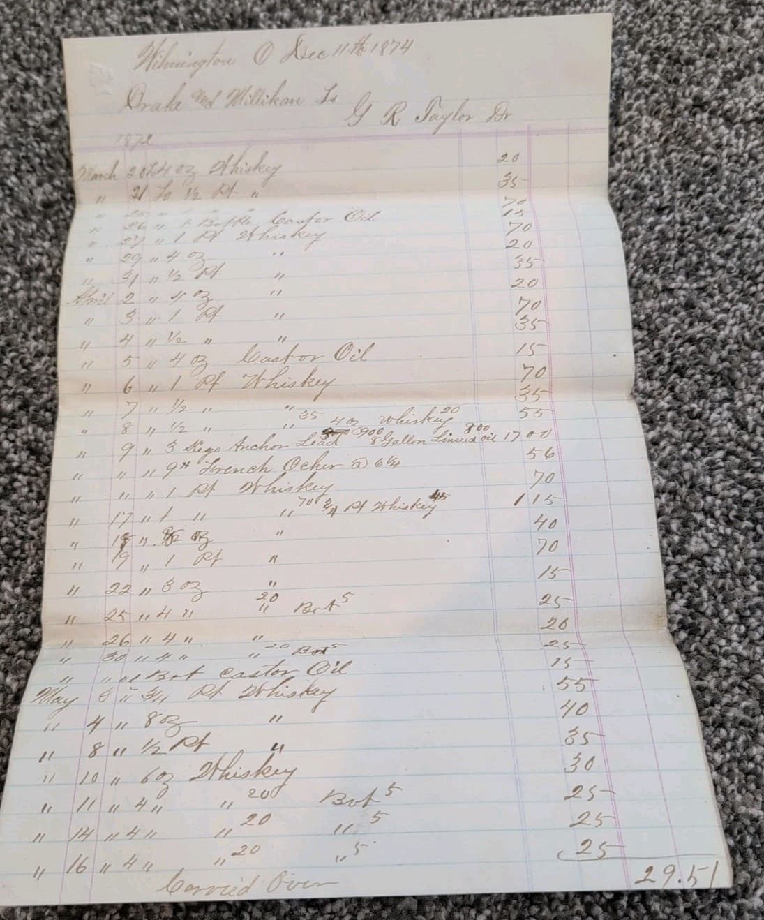 1874 Wilmington Ohio Ledger Pages – Drake & Millikan Merchant Whiskey Sales 3