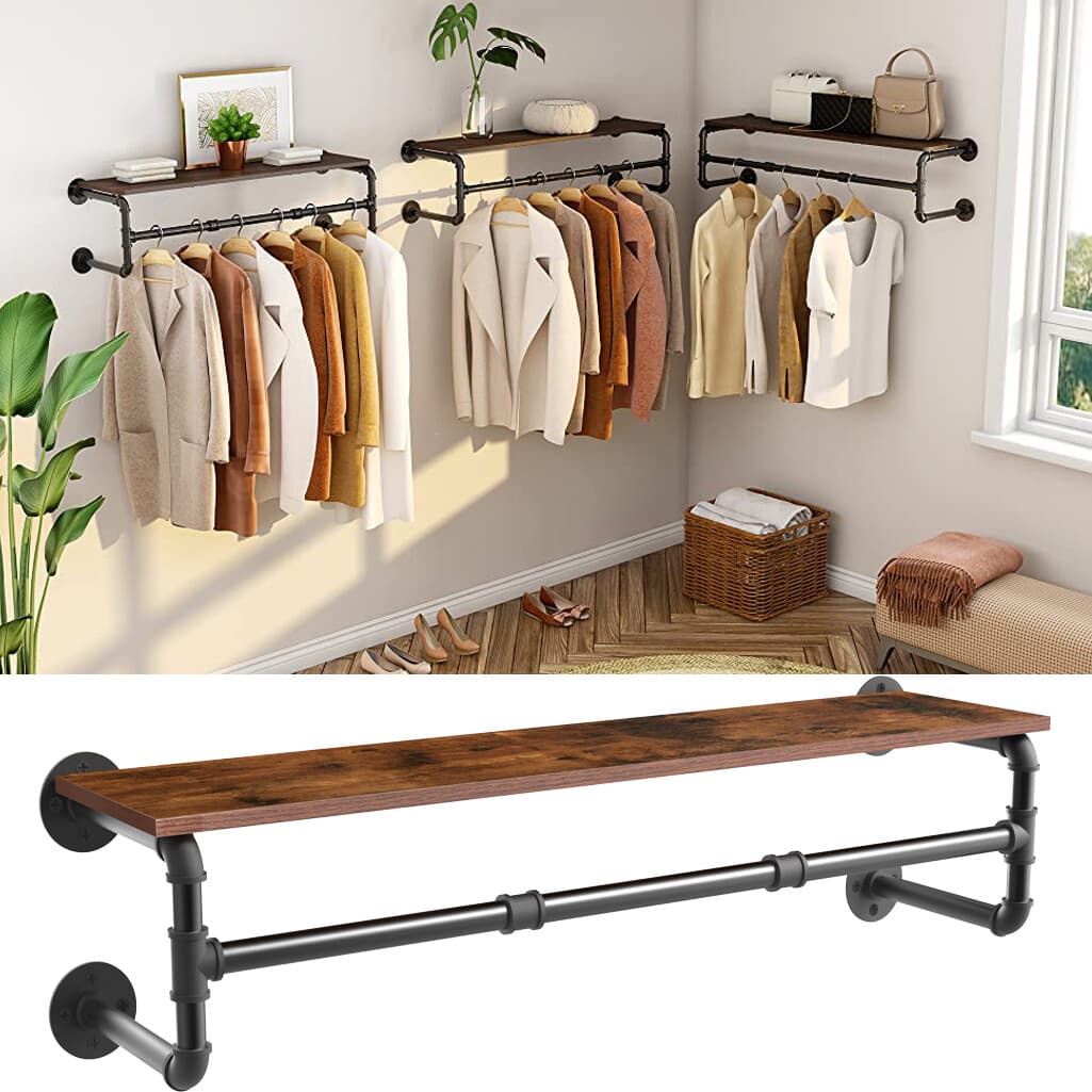 Heavy Duty Pipe Clothes Rack Garment Shelf Wall Mounted Ceiling Hanging Bar Rods 2