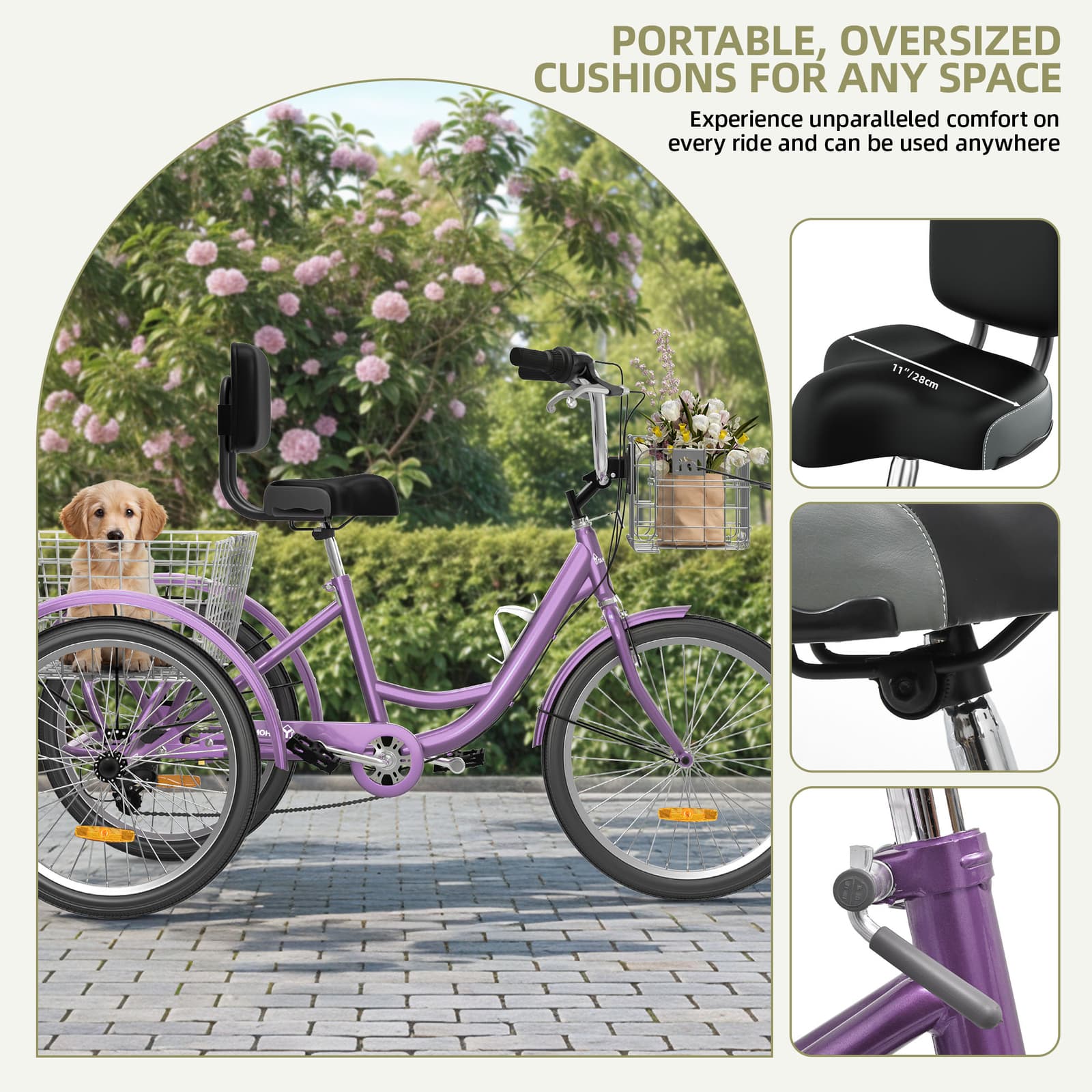24" 3 Wheels Bike Trike Tricycle 7 Speed for Adult w/ Front & Rear Basket Purple 5