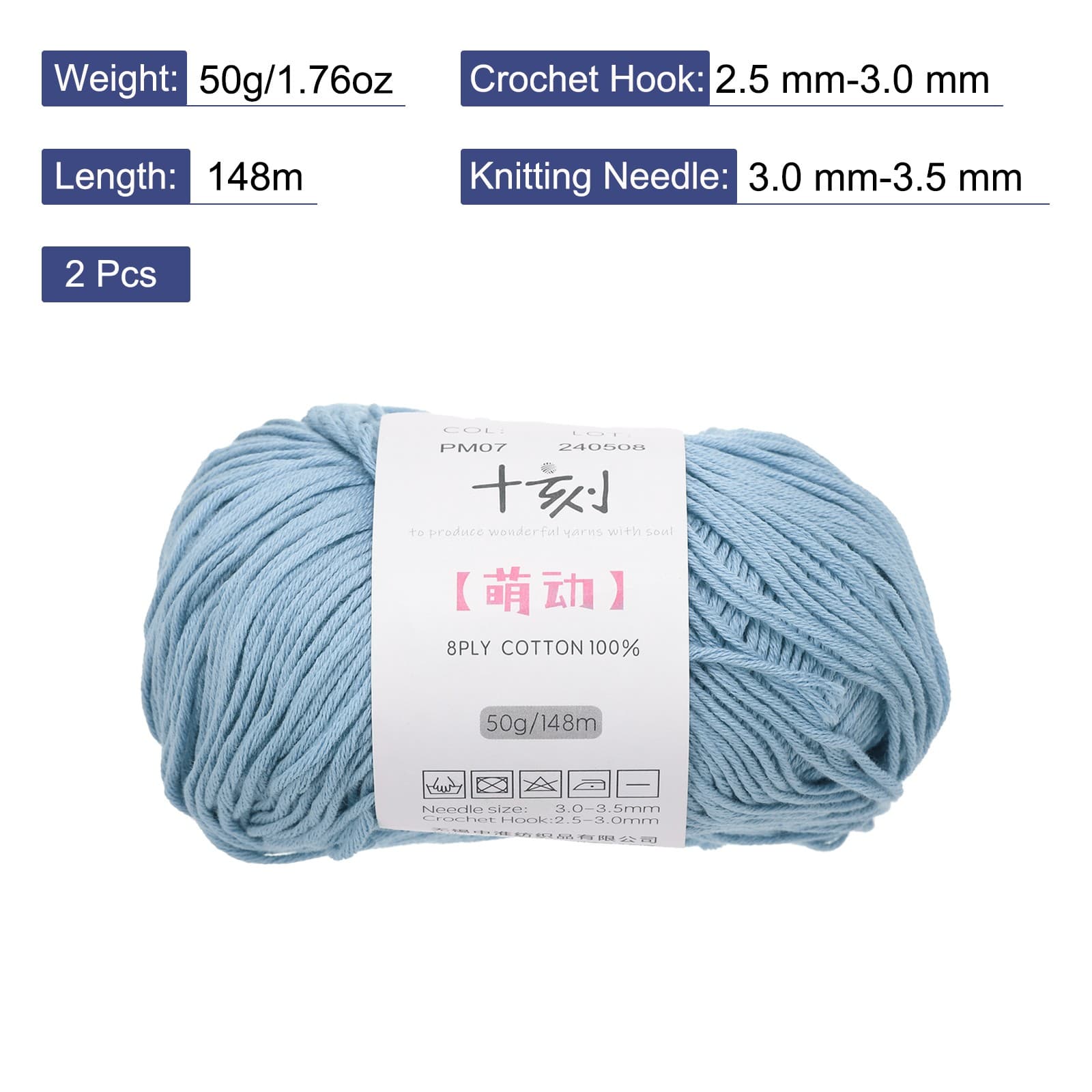 Cotton Yarn,Soft Knitting Yarn-2 Packages of 100g/3.52oz/ Light Blue 2