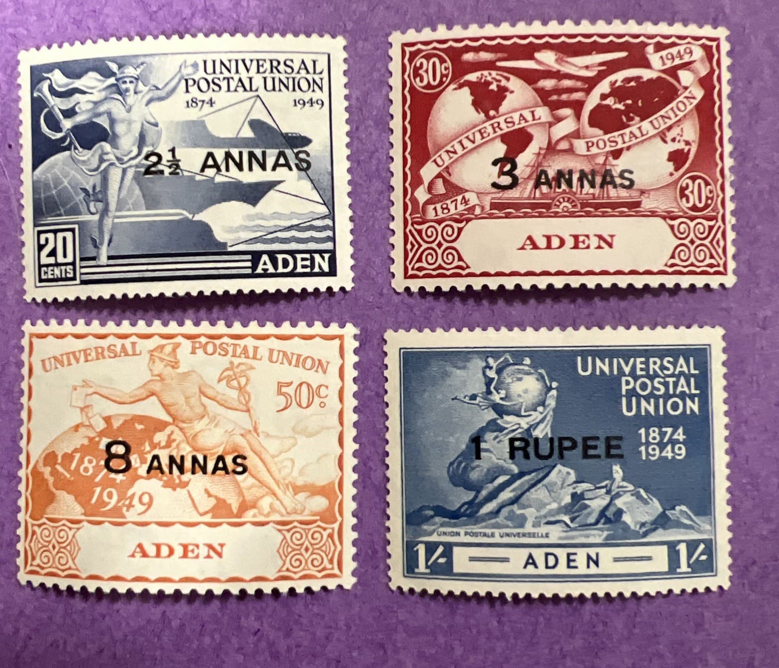 Aden 1949 - MVLH Scott 32-35. UPU Issue. 75th Anniversary of the UPU.