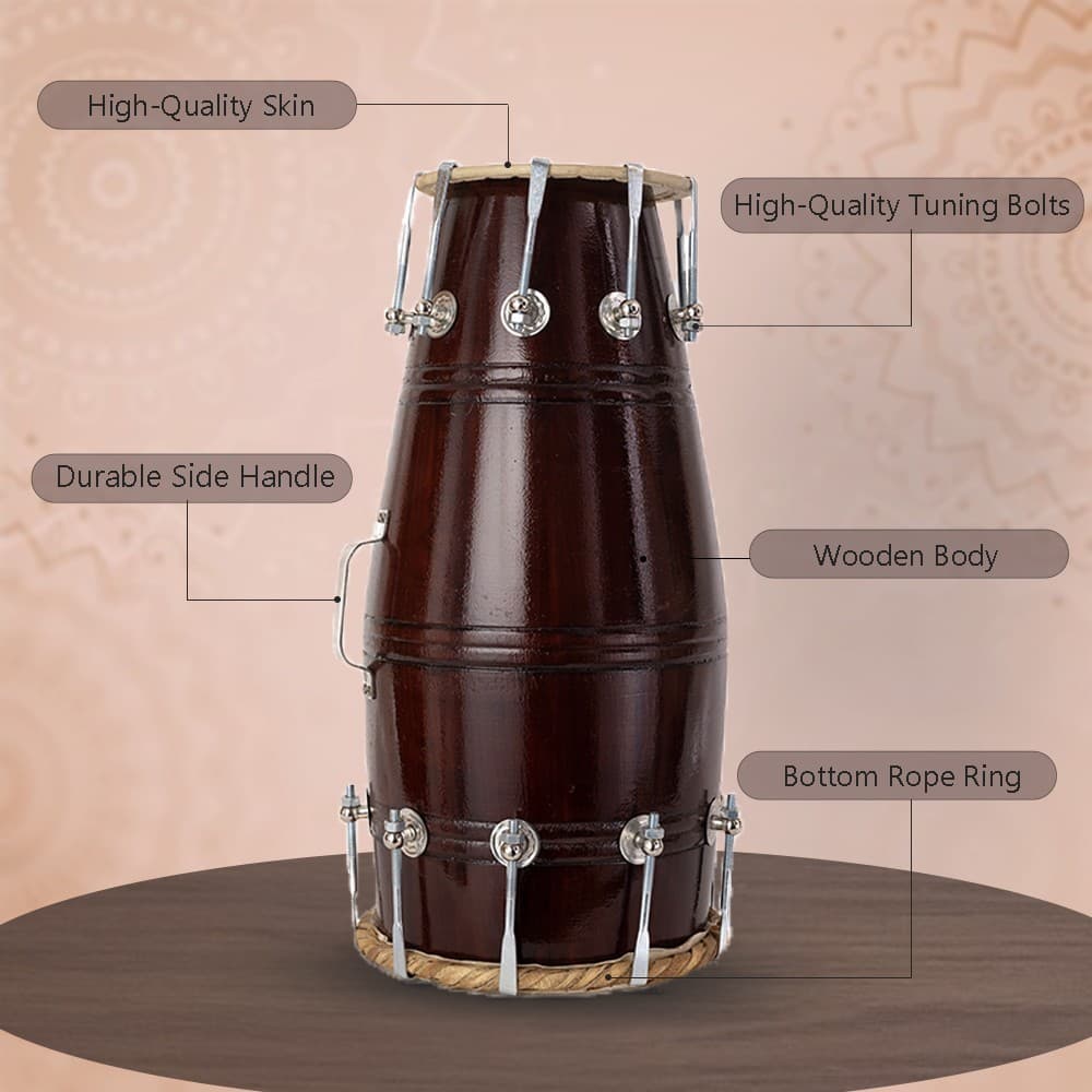 QUEENBRASS  Wooden  Naal Dholak BEST INSTRUMENT SUPER COME WITH BAG AND SPANNER 6