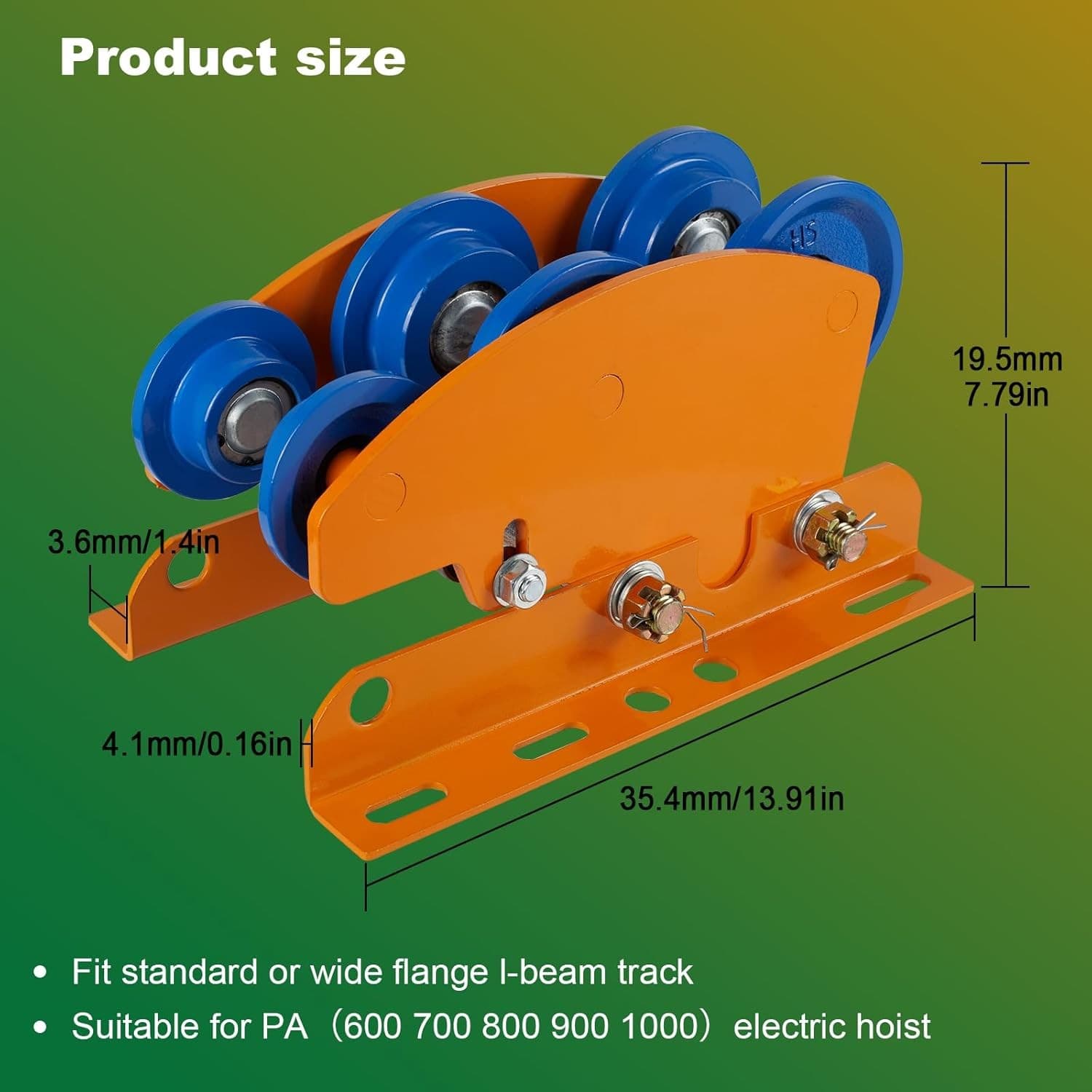 Heavy Duty I-Beam Trolley for Electric Hoist, 1 Ton Capacity with Dual Orange  3