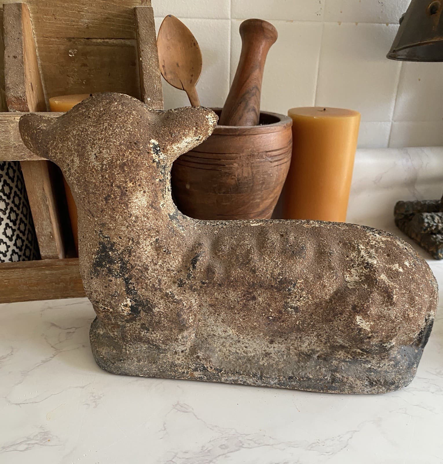 Vintage Cement Garden Lamb Sheep Great Patina Perfect Sculpture See Description 4