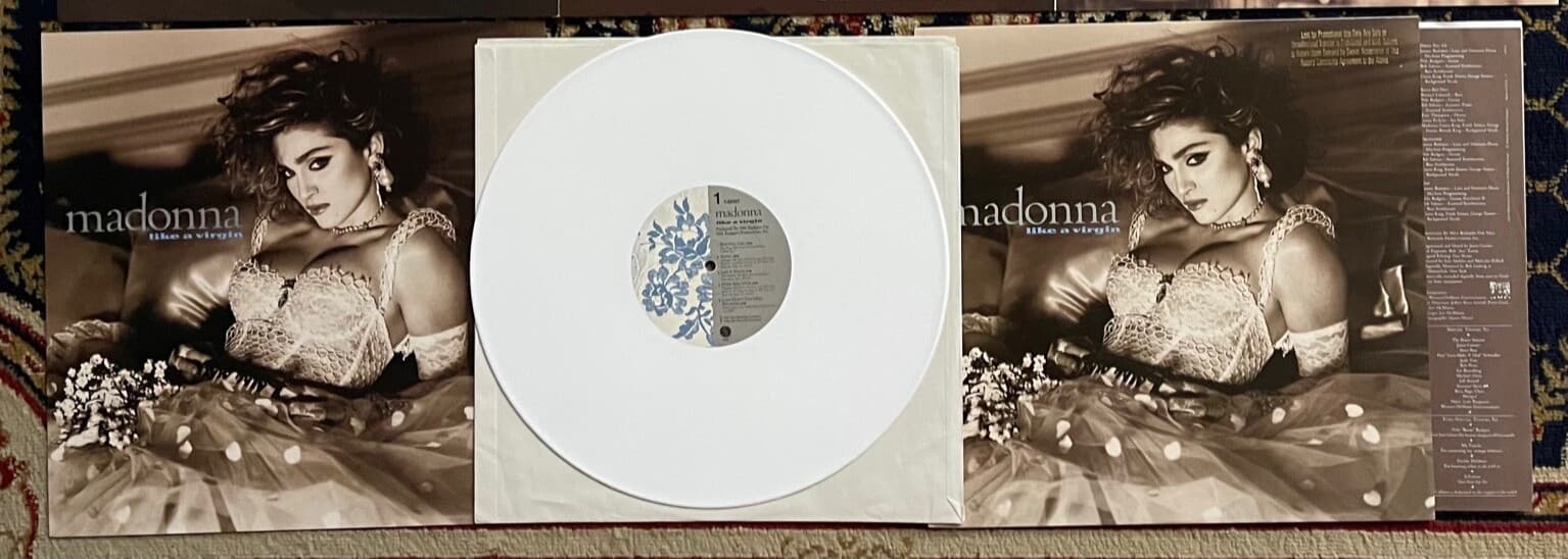 MADONNA LIKE A VIRGIN GSD PROMO WHITE VINYL RECORD ALBUM & 2 PROMOTIONAL ITEMS