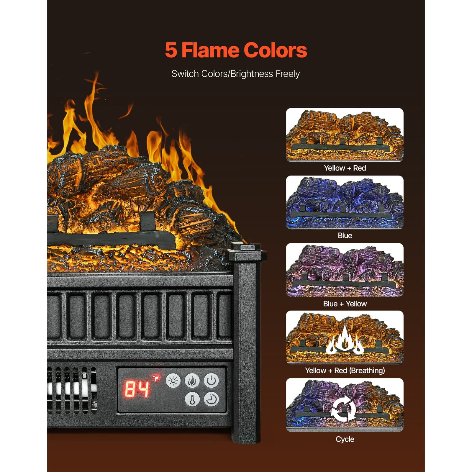 16 Inch Electric Fireplace Log Heater with Remote 5 Flame Brightness Timer 3