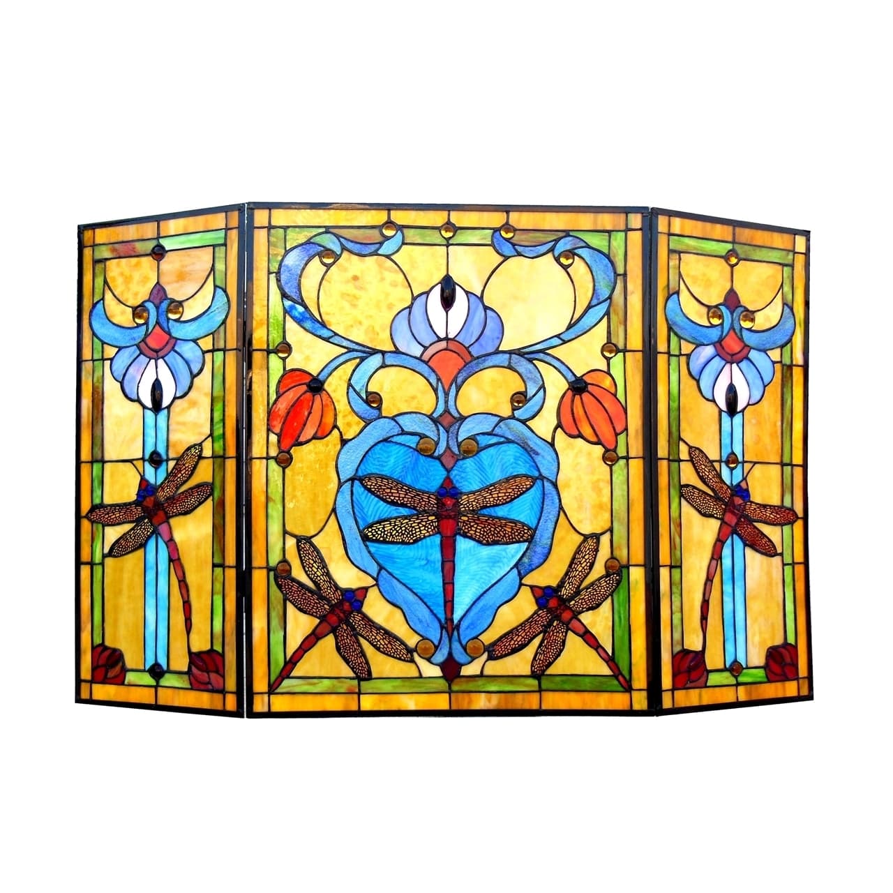 Fireplace Screen Tiffany Style Stained Glass 3 Section Dragonfly ONE THIS PRICE