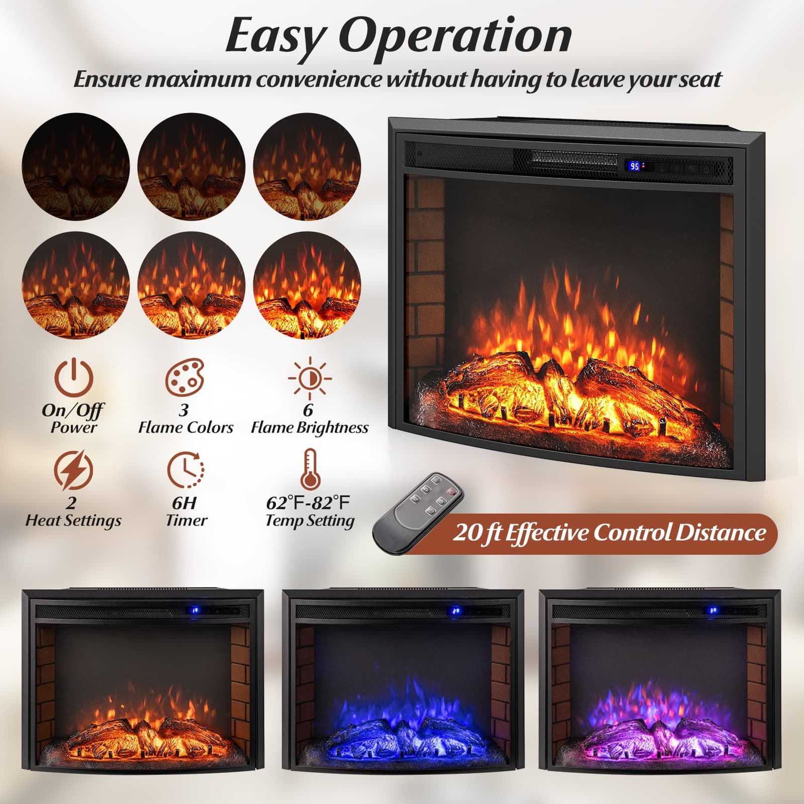 26" Curved Recessed Electric Fireplace Insert 750W/1500W Fireplace Heater 6