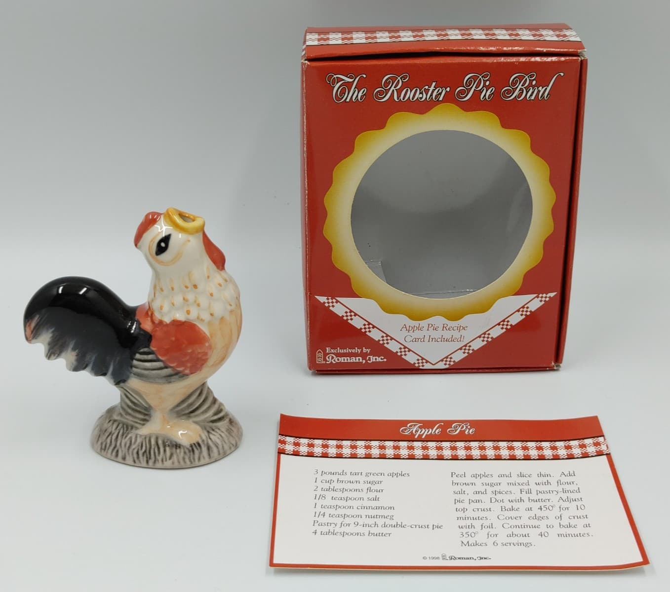Vintage Pie Bird Rooster With Apple Pie Recipe Card & Box 1999 By Roman Inc.