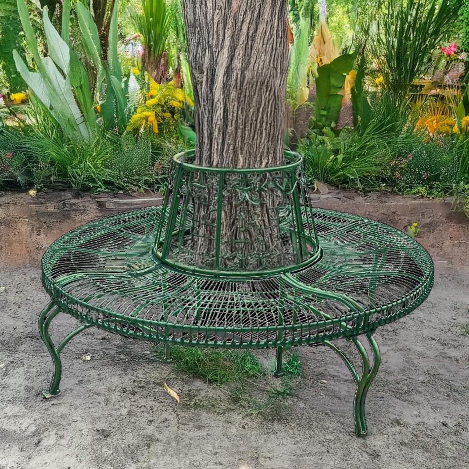 Full Round Tree Surround Garden Bench with Old Green Painted Steel 55 Inches