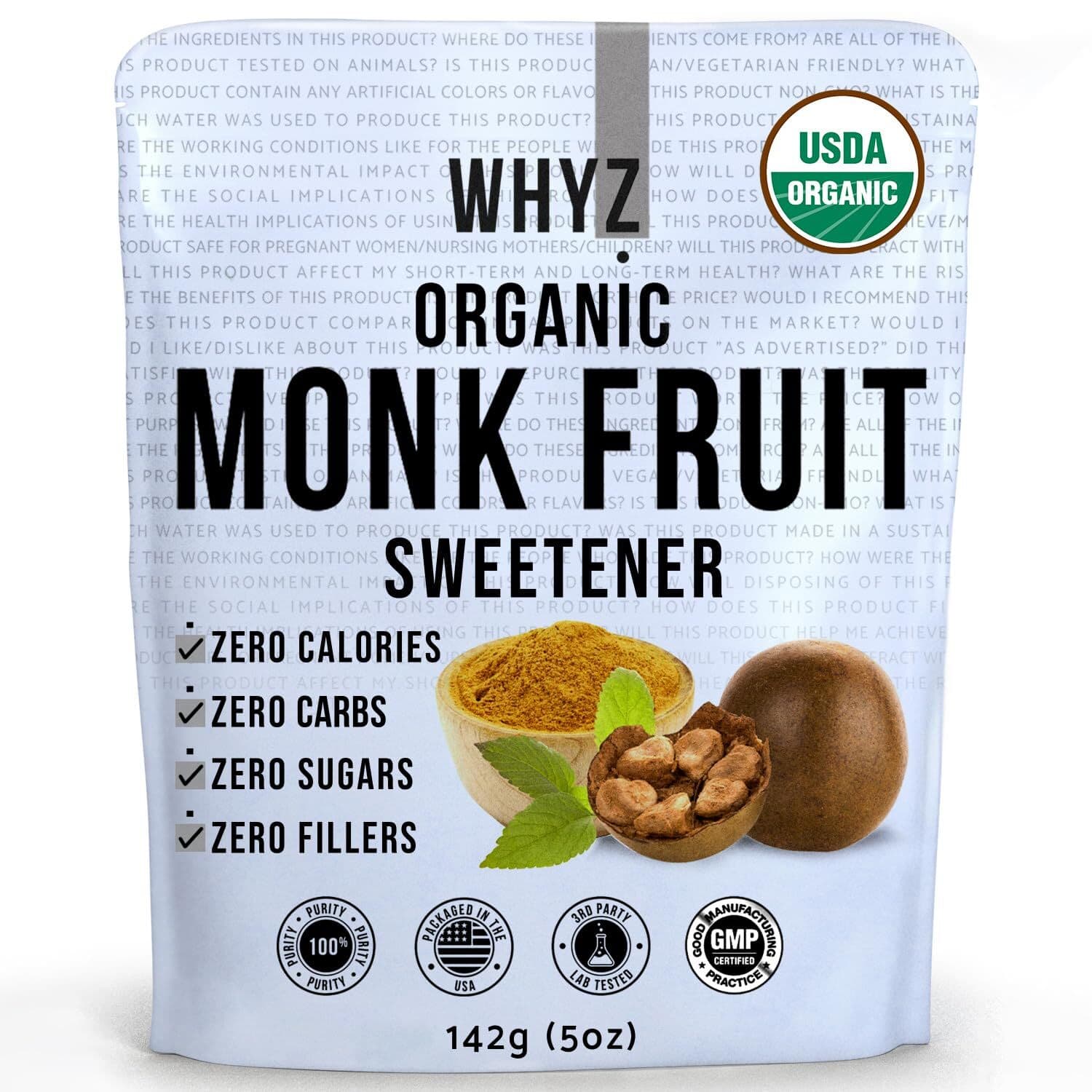 WHYZ Organic Monk Fruit Extract 5 oz USDA Organic Keto & Paleo Friendly 454 Uses