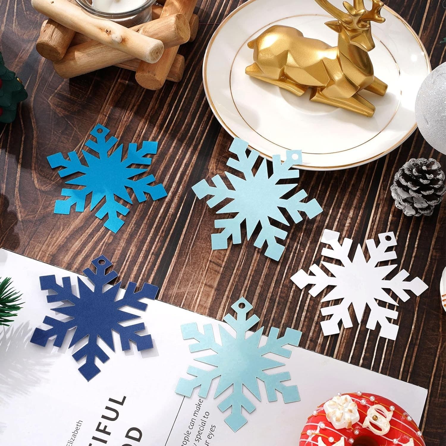 120Pcs Christmas Winter Paper Gift Tags with Hemp Rope White Blue Snowflake Hang 4