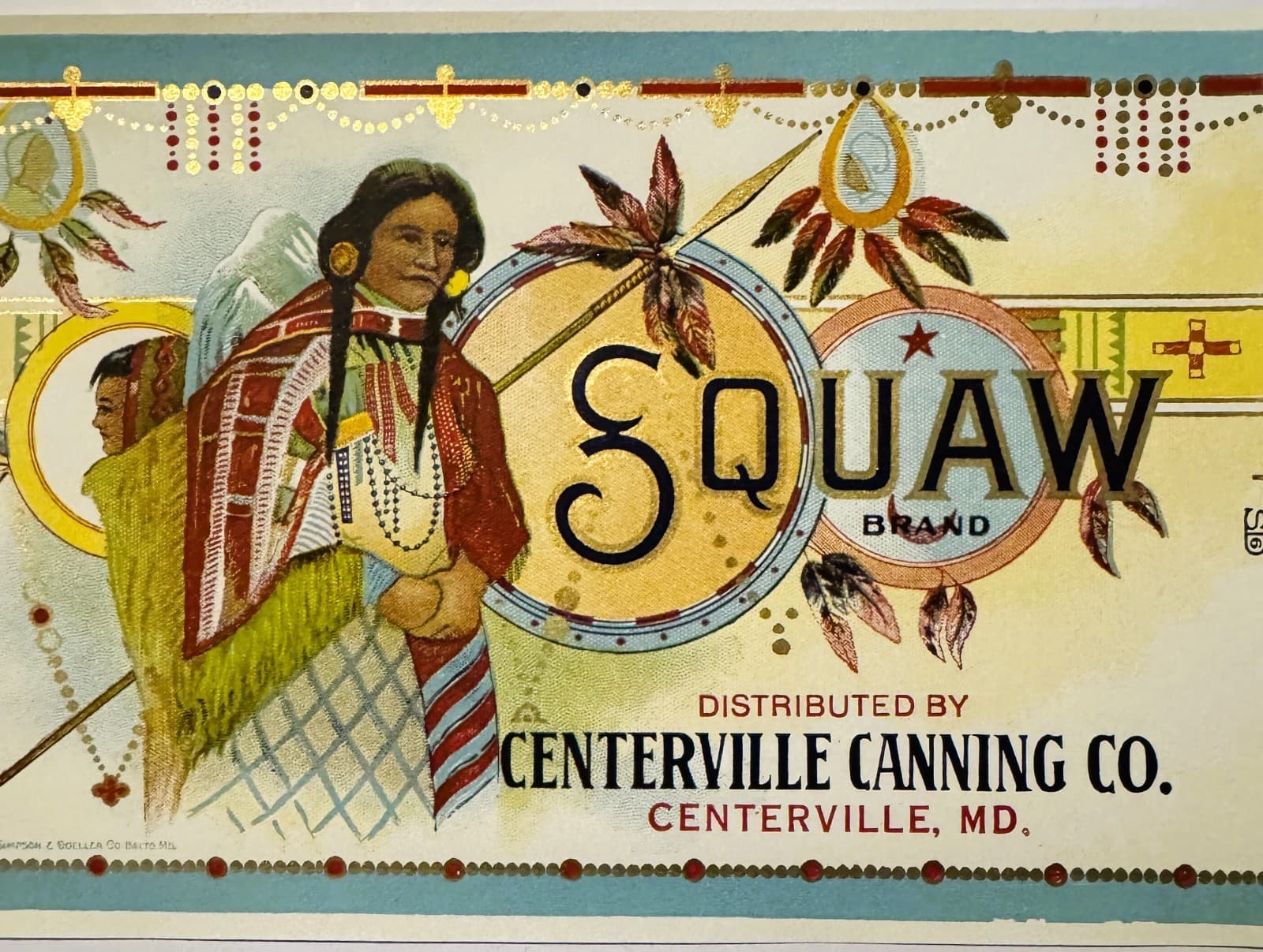 Antique 1920s Squaw Gold Embossed Can Label 2, Centerville, MD, Native American!