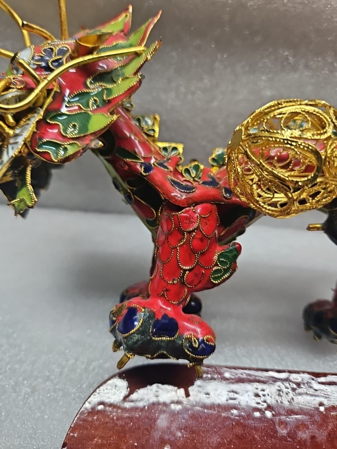 Cloisonne Chinese Dragon holding Gold Filigree Ball. Red,Gold,Green With Stand. 4