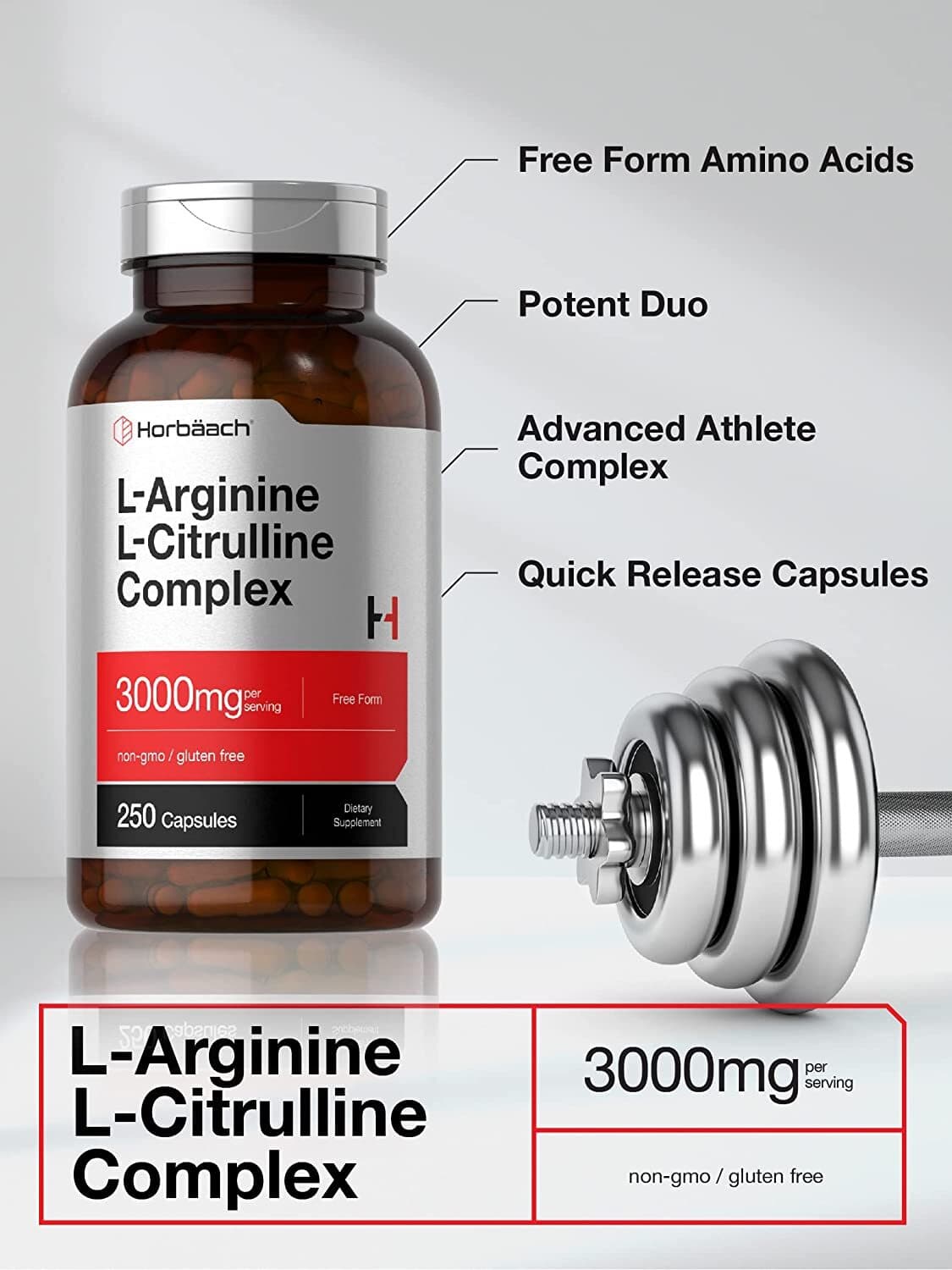L-Arginine L-Citrulline Complex | 3000mg | 250 Capsules | Non-GMO | by Horbaach 3