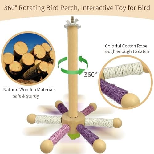 Bird Perch Toy, Parrot 360° Rotating Stand Perch, Wooden Interactive White 3