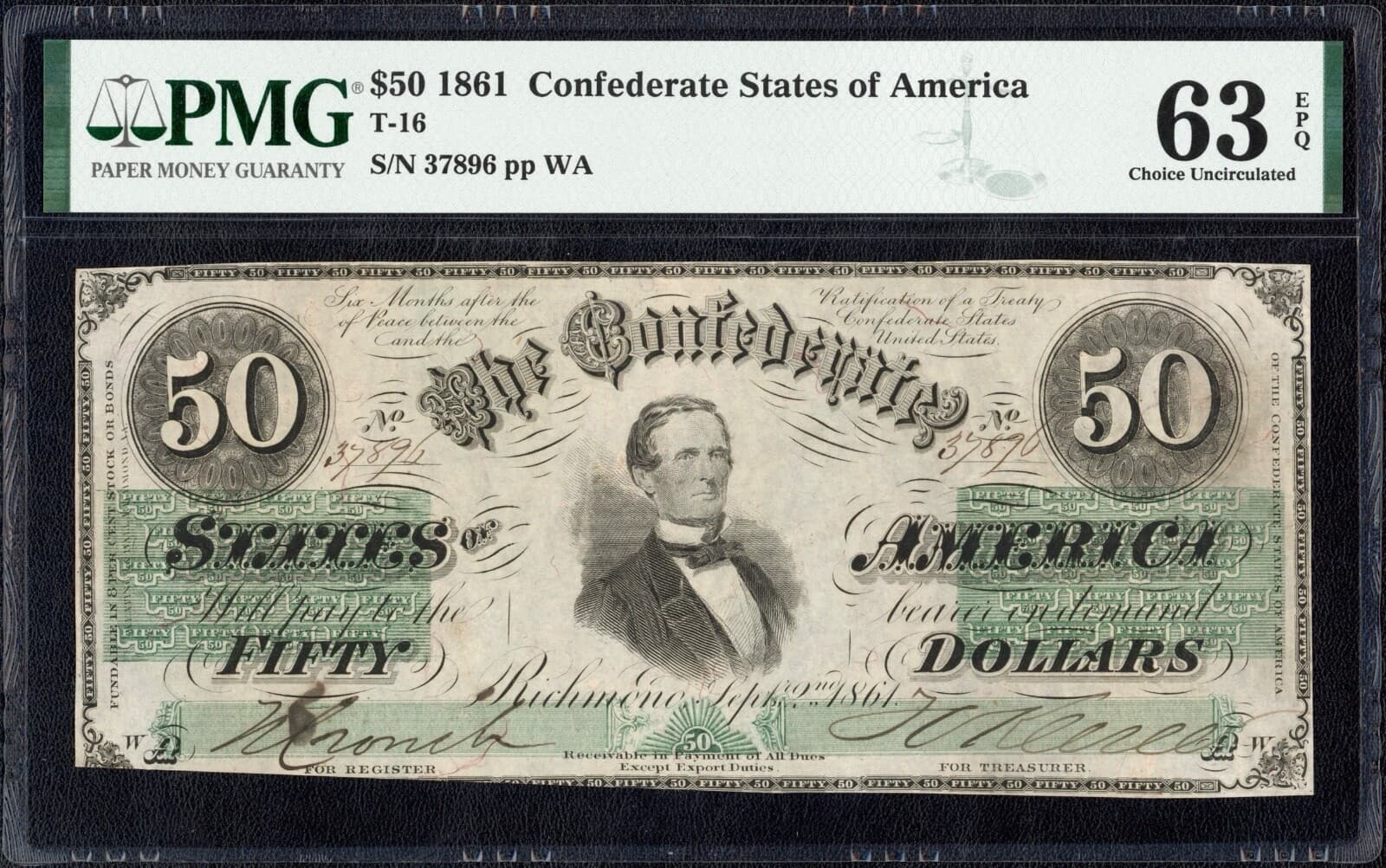 1861 T-16 $50 Fifty Dollar Confederate States of America Note PMG CU 63 EPQ