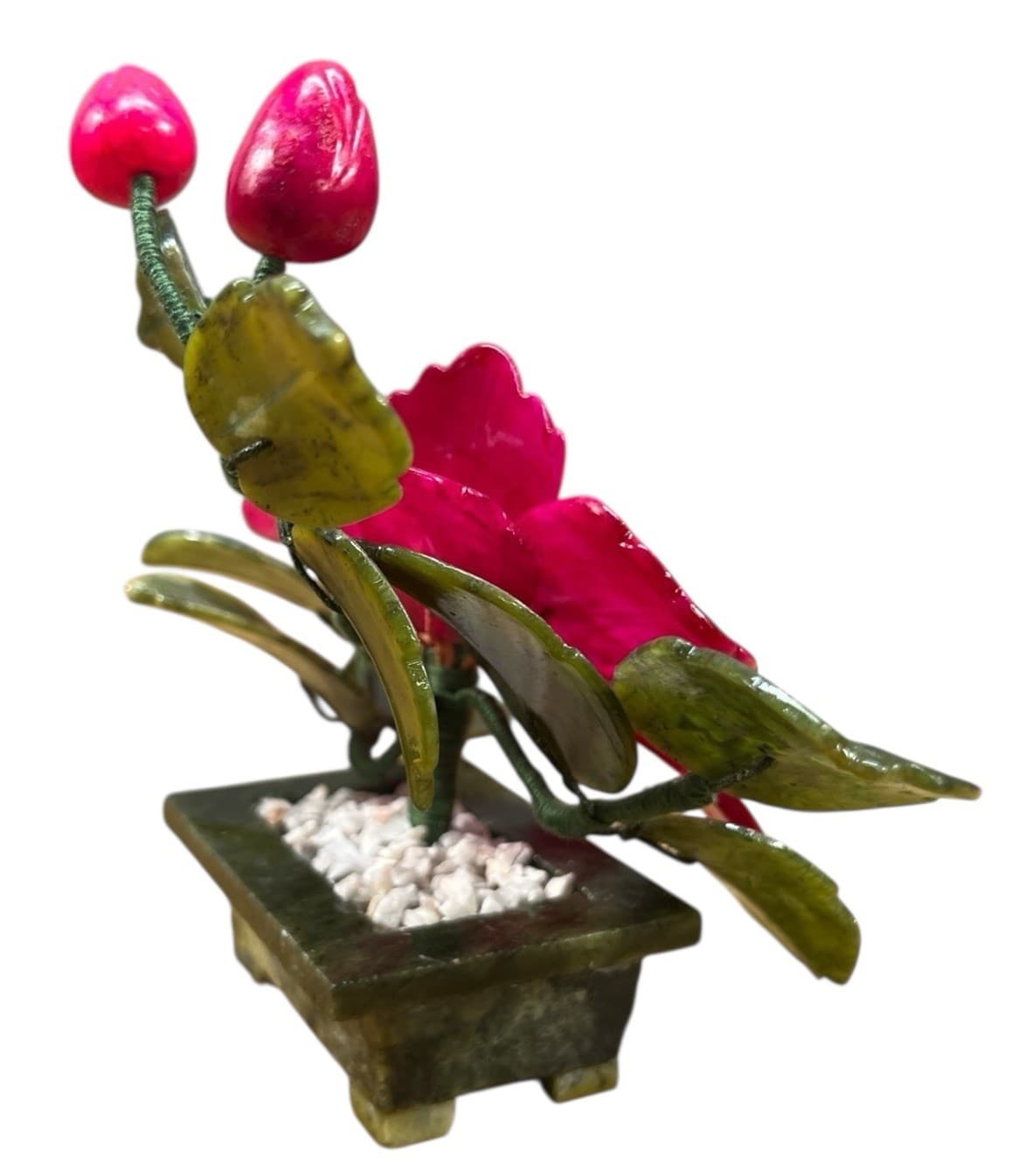 Vintage Japan Carved Stone Jade Bonsai Flowering  Tree 2