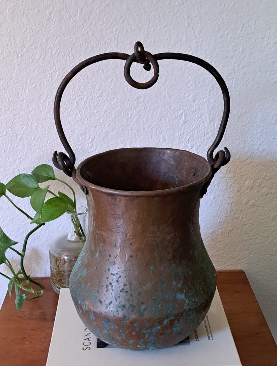 Antique Primitive Hammered Copper Hanging Pot Large Patina RARE 10"