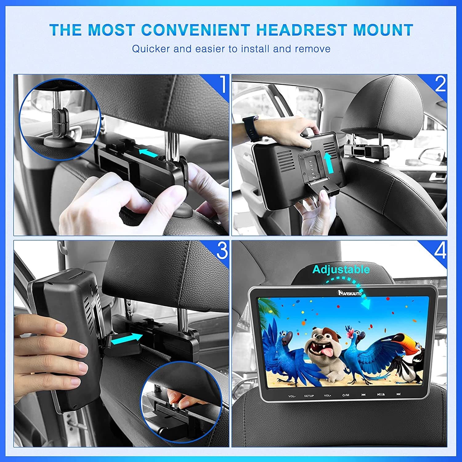 2X10.1” Dual Screen Car Headrest Monitor TV DVD Player for Kids USB SD Headsets 3