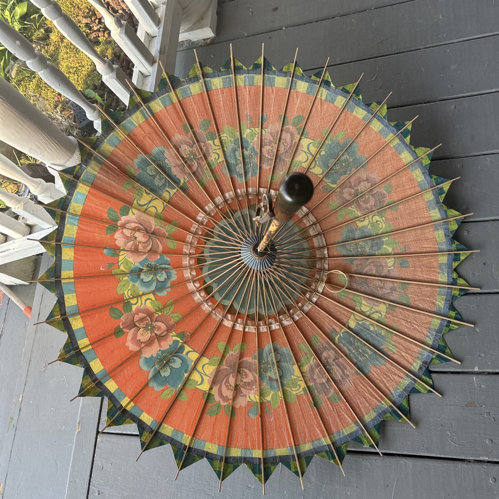 Vintage Japanese Chinese Bamboo Rice Paper Wood Umbrella Parasol 5