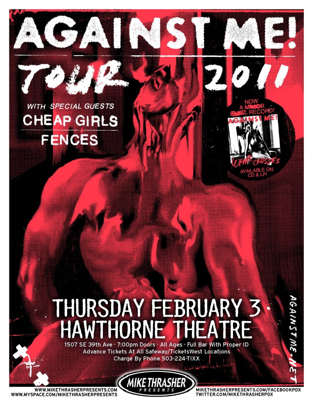 AGAINST ME! 2011 "WHITE CROSSES TOUR" PORTLAND CONCERT POSTER - Punk Rock Music