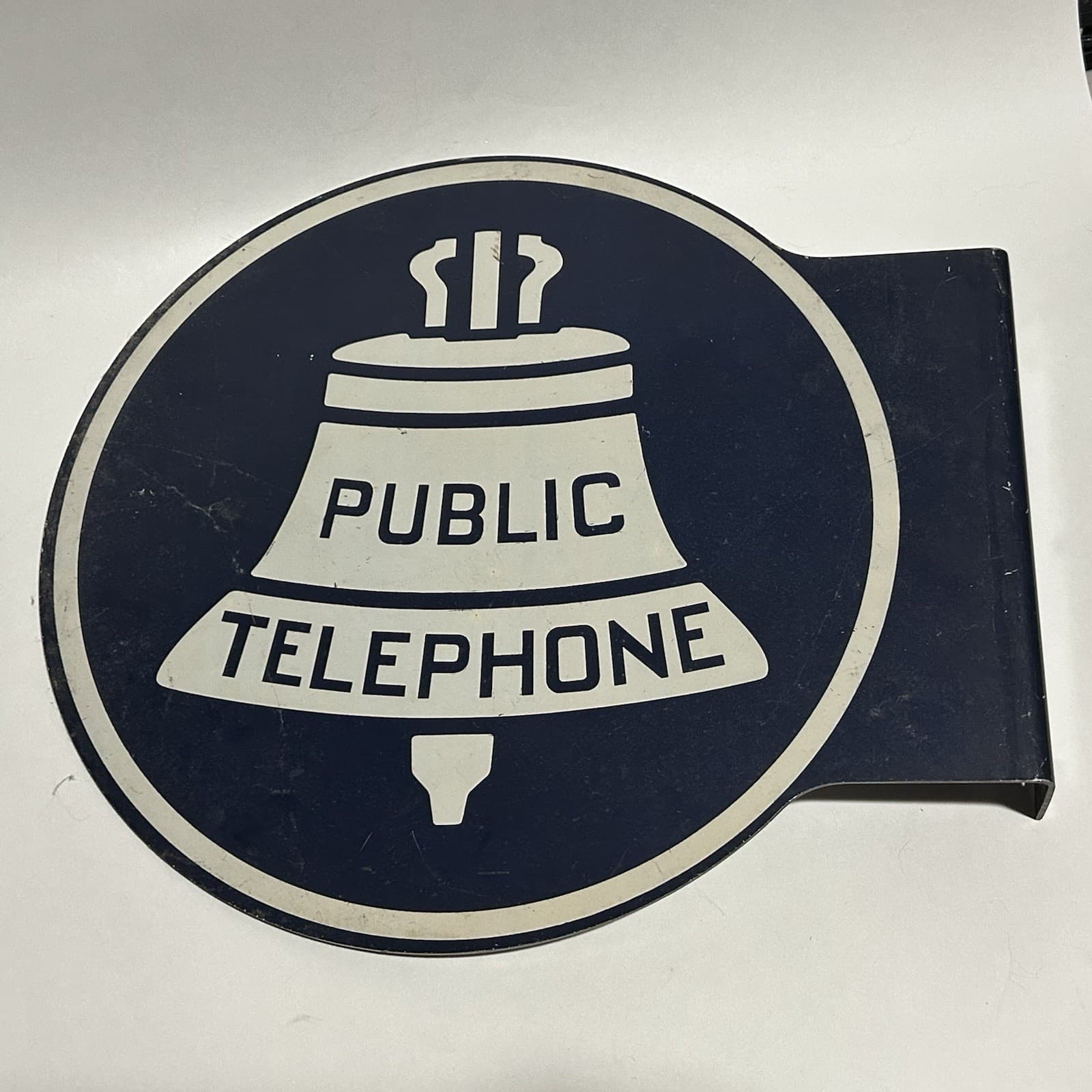 Vtg Metal Public Telephone Sign Bell System Double Sided Flange Bllue White 2